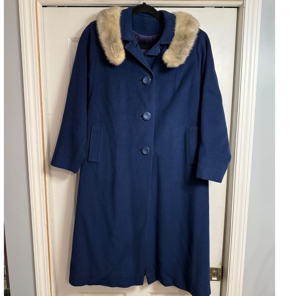 Vintage 60s Blue Wool swing Coat Mink Fur Collar ILGWU Union Made Princess Large